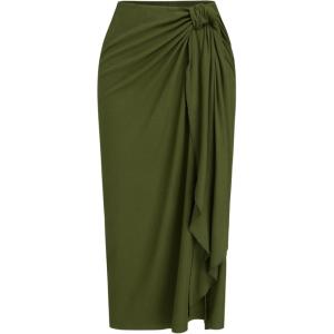CIDER Womens Tie Front Midi Going Out Skirt Ribbed Casual Trendy Skirts Green(Green)