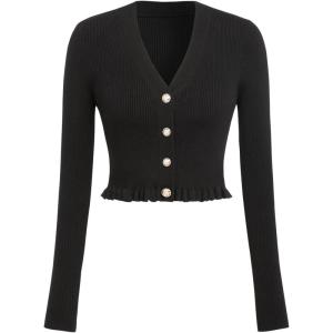 CIDER Women’s V-Neck Solid Button Knitted Crop Top(Black)