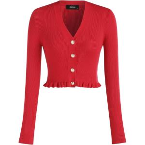 CIDER Women’s V-Neck Solid Button Knitted Crop Top(Red)