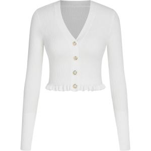 CIDER Women’s V-Neck Solid Button Knitted Crop Top(White)