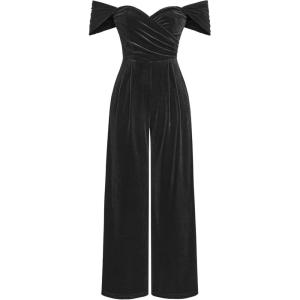 CIDER Women’s Velvet Off-shoulder Solid Ruched Jumpsuit(Black)