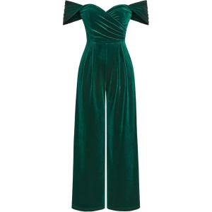 CIDER Women’s Velvet Off-shoulder Solid Ruched Jumpsuit(Dark Green)