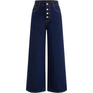 CIDER Womens Wide Straight Leg Jeans Button Down High Waisted Stretchy Denim Pants Bottom(Dark Denim)