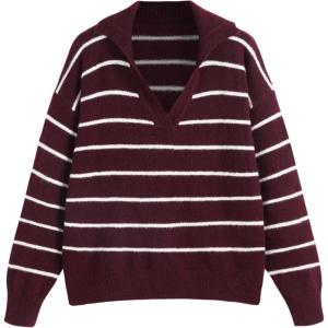 CIDER Women’s Wool Striped Sweater Collared Long Sleeve Knitted Pullover Tops(Wine)