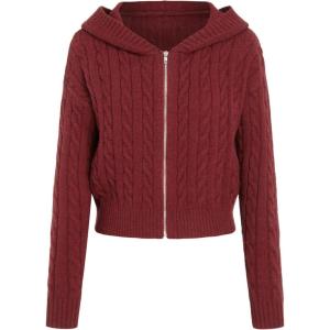 CIDER Women’s Zip Up Hoodie Cardigan Cable Knit Long Sleeve Knitter Crop Tops Sweater(Wine)