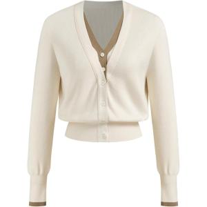 CIDER Wool-Blend Knit V-Neck Two Tone Solid Button Oversized Cardigan(Beige)