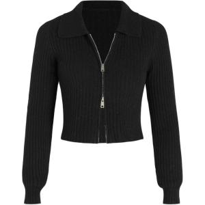 CIDER Wool-Blend Knit Zipper Long Sleeve Collared Top(Black)