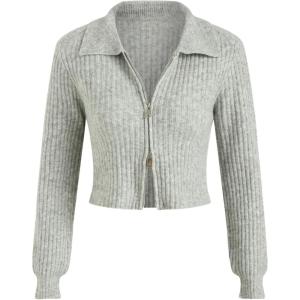 CIDER Wool-Blend Knit Zipper Long Sleeve Collared Top(Light Grey)