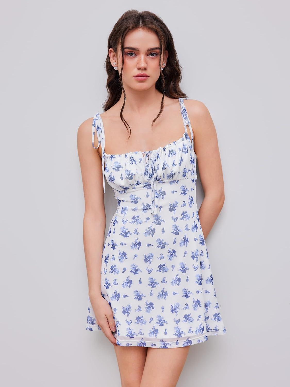 imageCIDER Floral Dress for Women Summer Mini Dress Sundresses Sleeveless Scoop Neck Sun Dresses ALine Vacation OutfitsBlue
