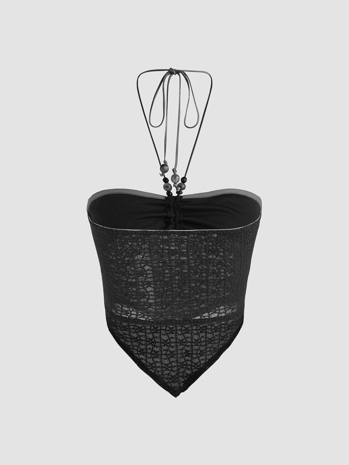 imageCIDER Halter Tops for Women Crochet Boho Backless Ruched Tie Back Vacation Beach Tank Crop TopsBlack