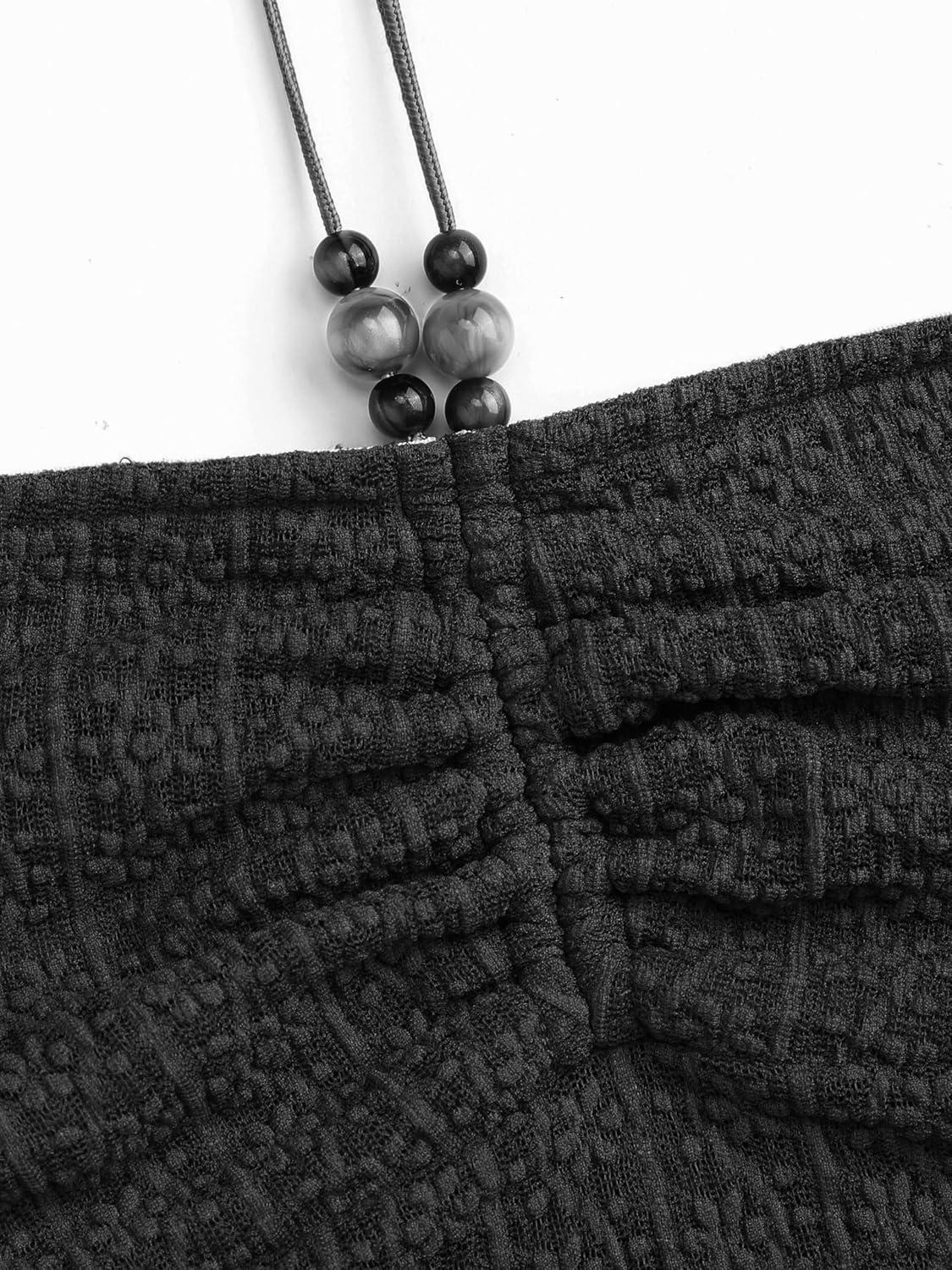 imageCIDER Halter Tops for Women Crochet Boho Backless Ruched Tie Back Vacation Beach Tank Crop TopsBlack