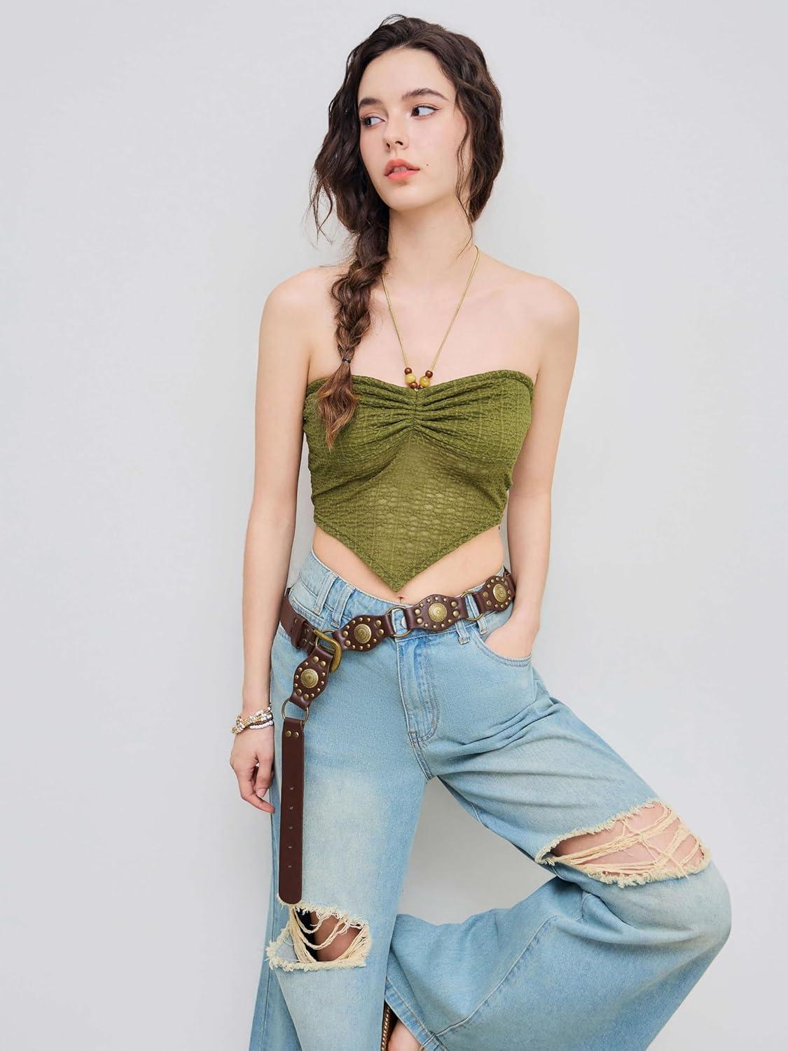 imageCIDER Halter Tops for Women Crochet Boho Backless Ruched Tie Back Vacation Beach Tank Crop TopsOlive Green
