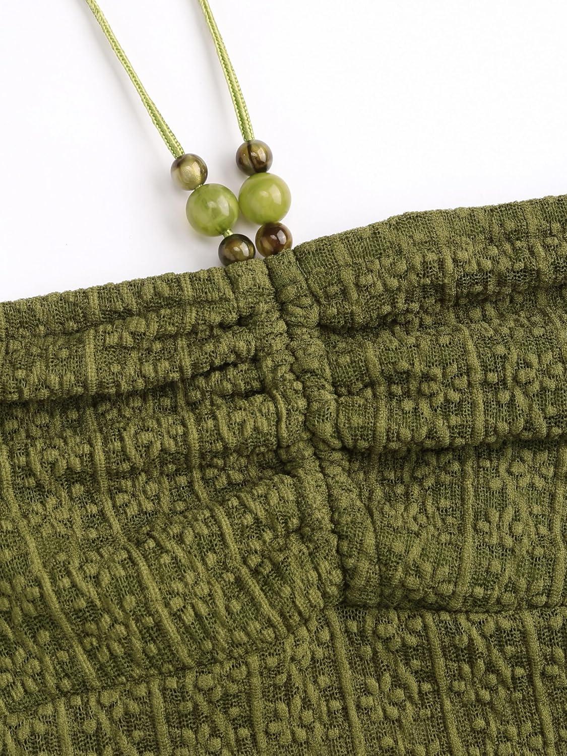 imageCIDER Halter Tops for Women Crochet Boho Backless Ruched Tie Back Vacation Beach Tank Crop TopsOlive Green