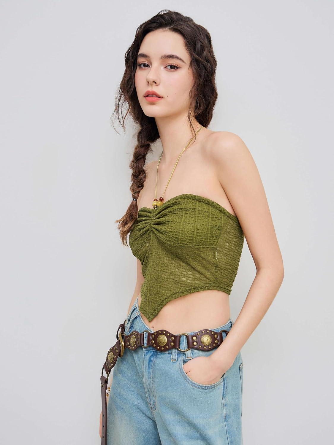 imageCIDER Halter Tops for Women Crochet Boho Backless Ruched Tie Back Vacation Beach Tank Crop TopsOlive Green