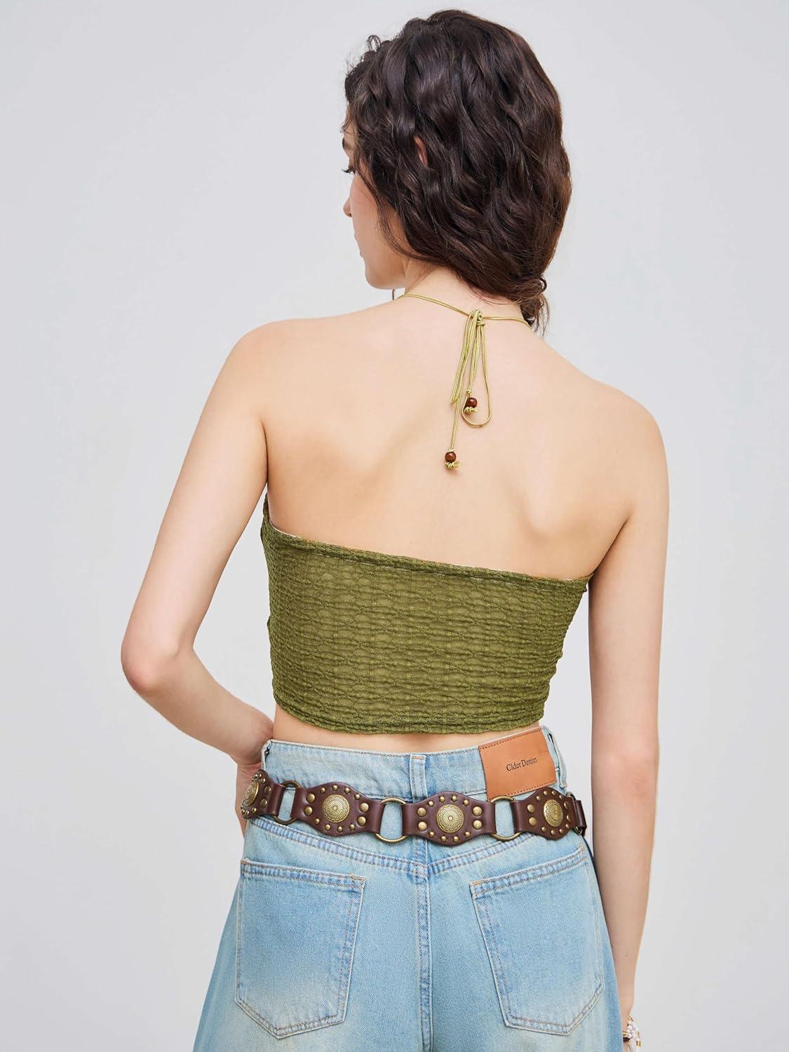 imageCIDER Halter Tops for Women Crochet Boho Backless Ruched Tie Back Vacation Beach Tank Crop TopsOlive Green