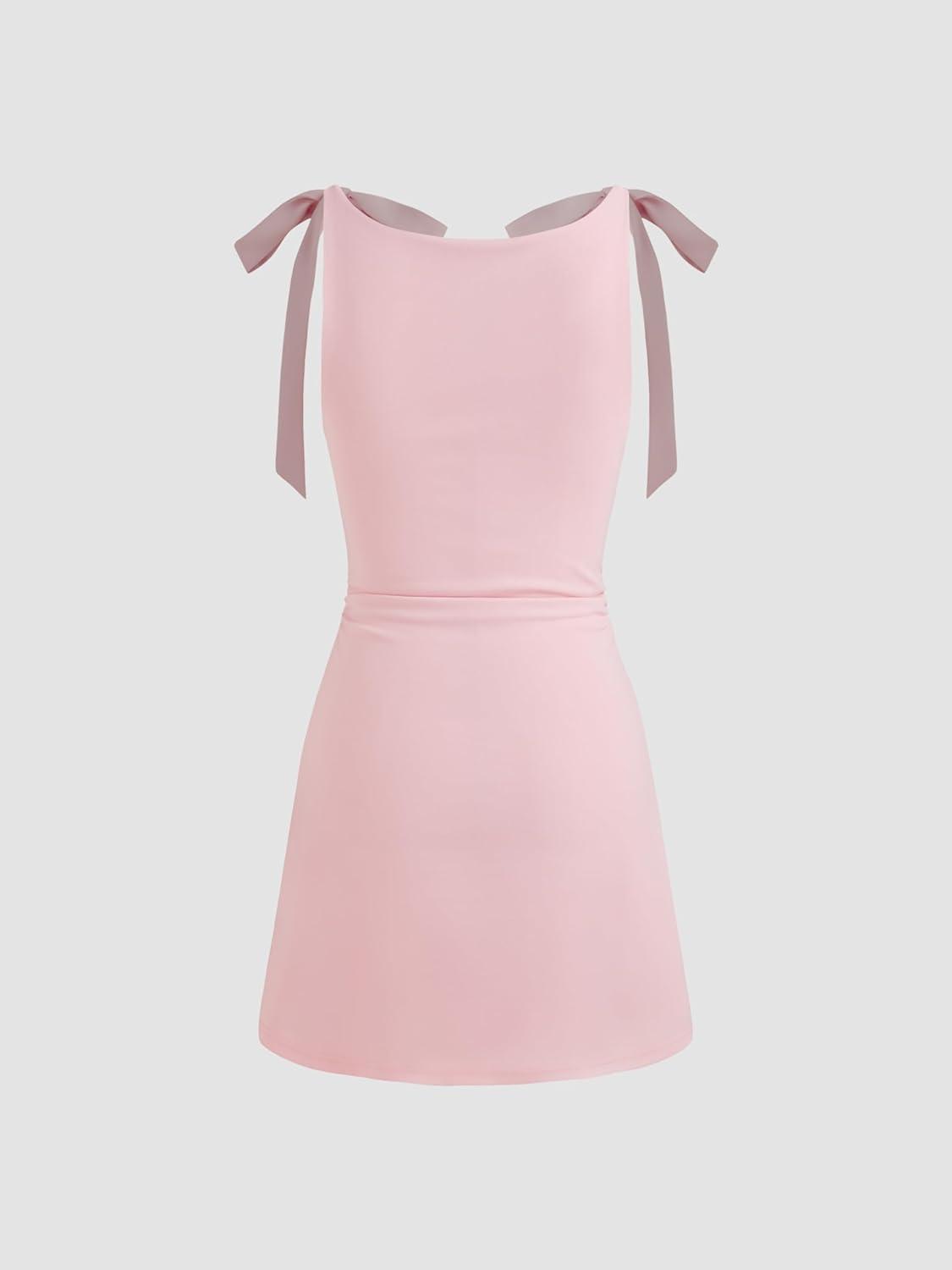 imageCIDER Mini Dress Bodycon Sexy Square Neck Bowknot Sleeveless High Waist Party Cocktail Elegant Dresses for WomenPink