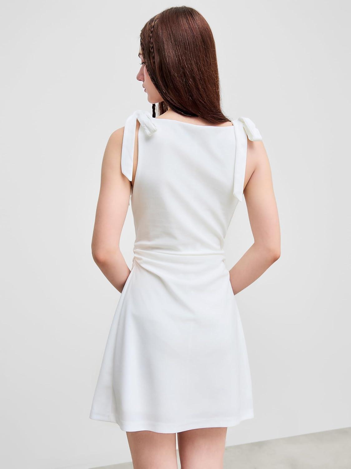 imageCIDER Mini Dress Bodycon Sexy Square Neck Bowknot Sleeveless High Waist Party Cocktail Elegant Dresses for WomenWhite