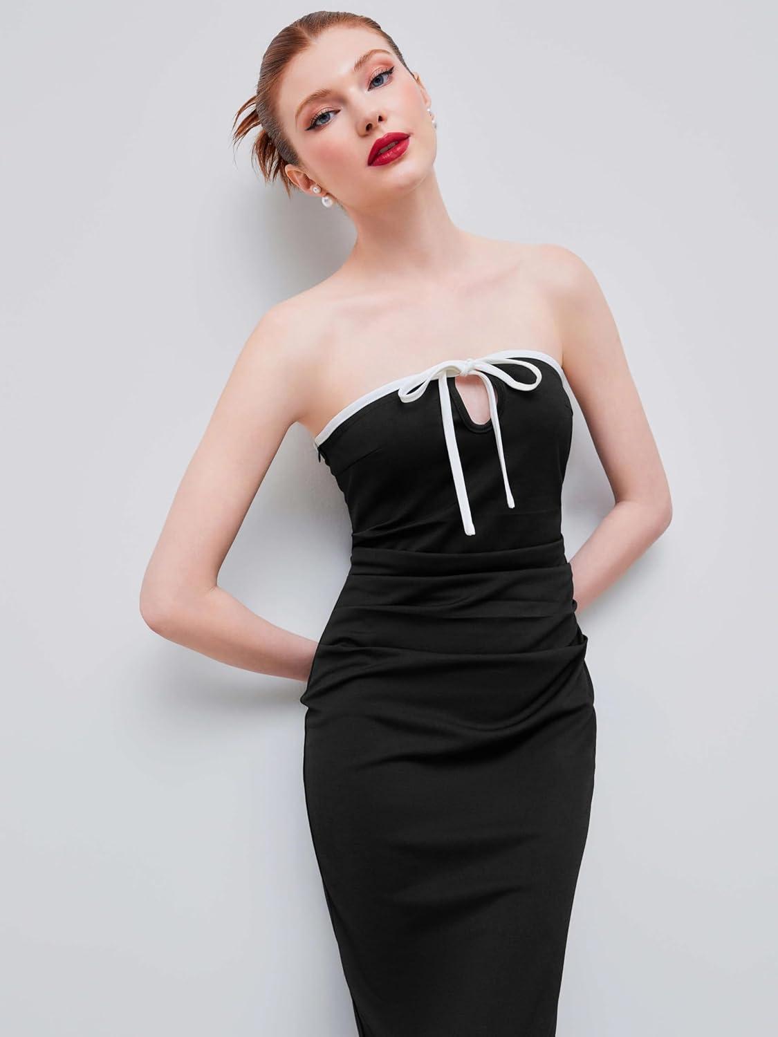 imageCIDER Strapless Tude Bodycon Midi Dress Ruched Tie Knotted Cocktail Party Summer DressesBlack