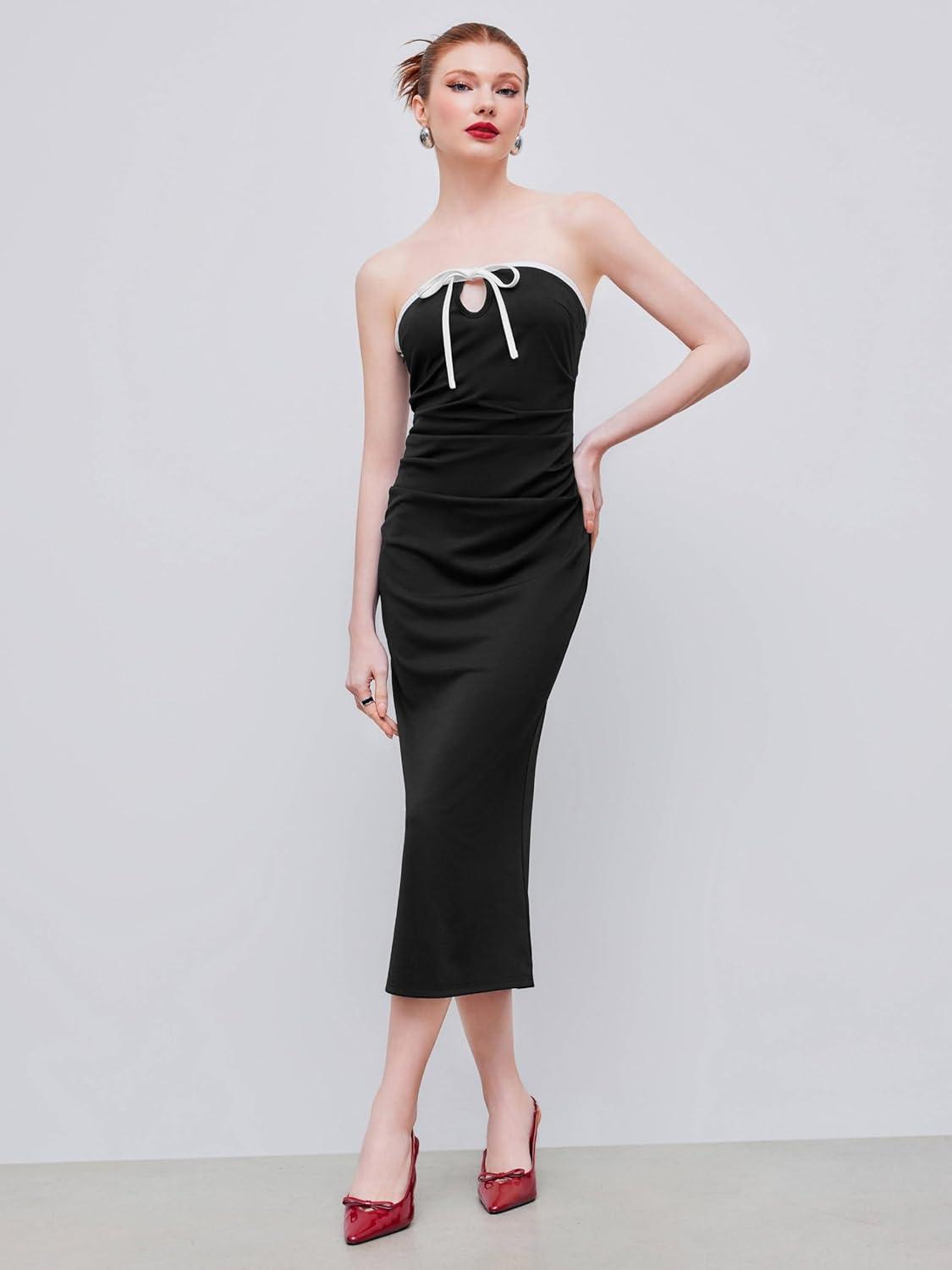 imageCIDER Strapless Tude Bodycon Midi Dress Ruched Tie Knotted Cocktail Party Summer DressesBlack