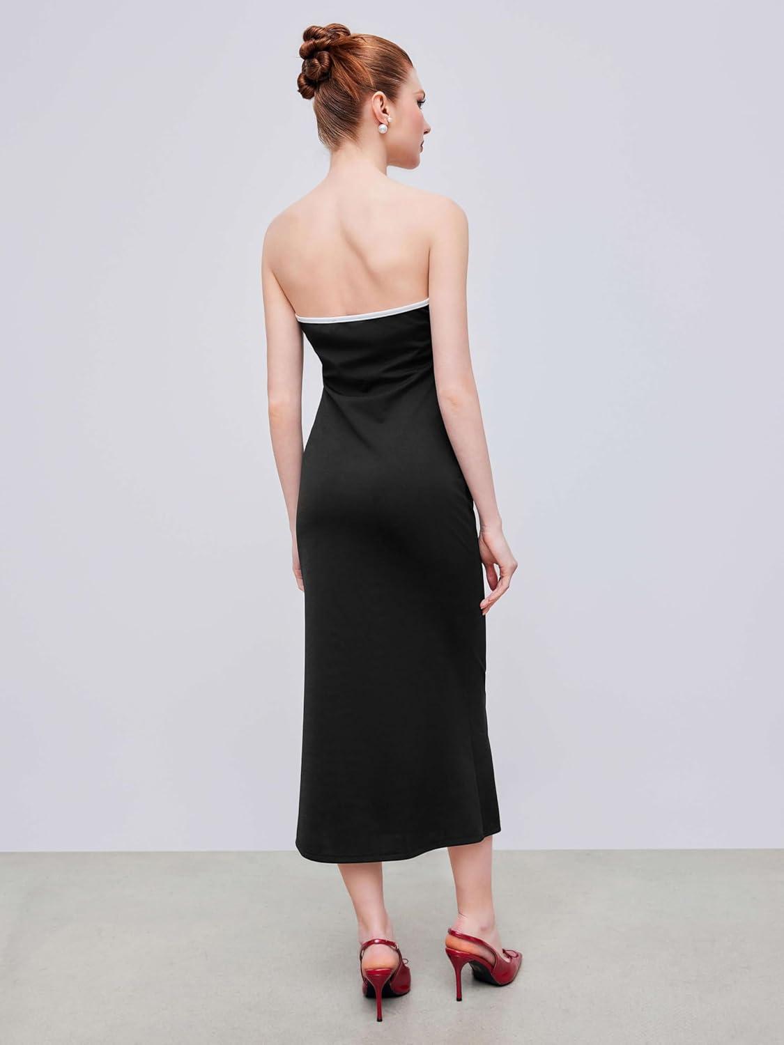 imageCIDER Strapless Tude Bodycon Midi Dress Ruched Tie Knotted Cocktail Party Summer DressesBlack