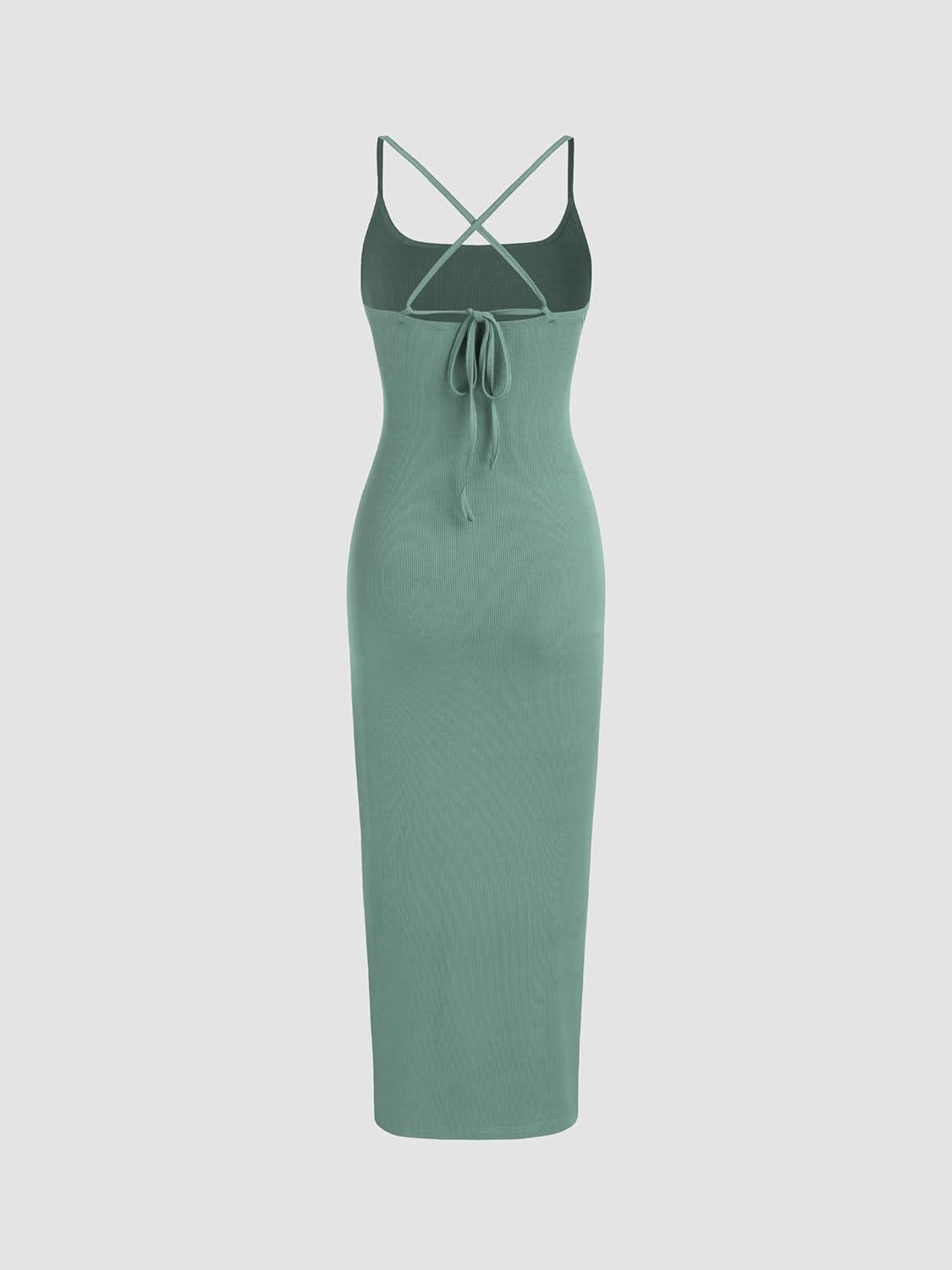 imageCIDER Summer Dress Maxi Dress Women Sleeveless Scoop Neck High Waist Twist Criss Cross Bodycon Maxi DressesGreen
