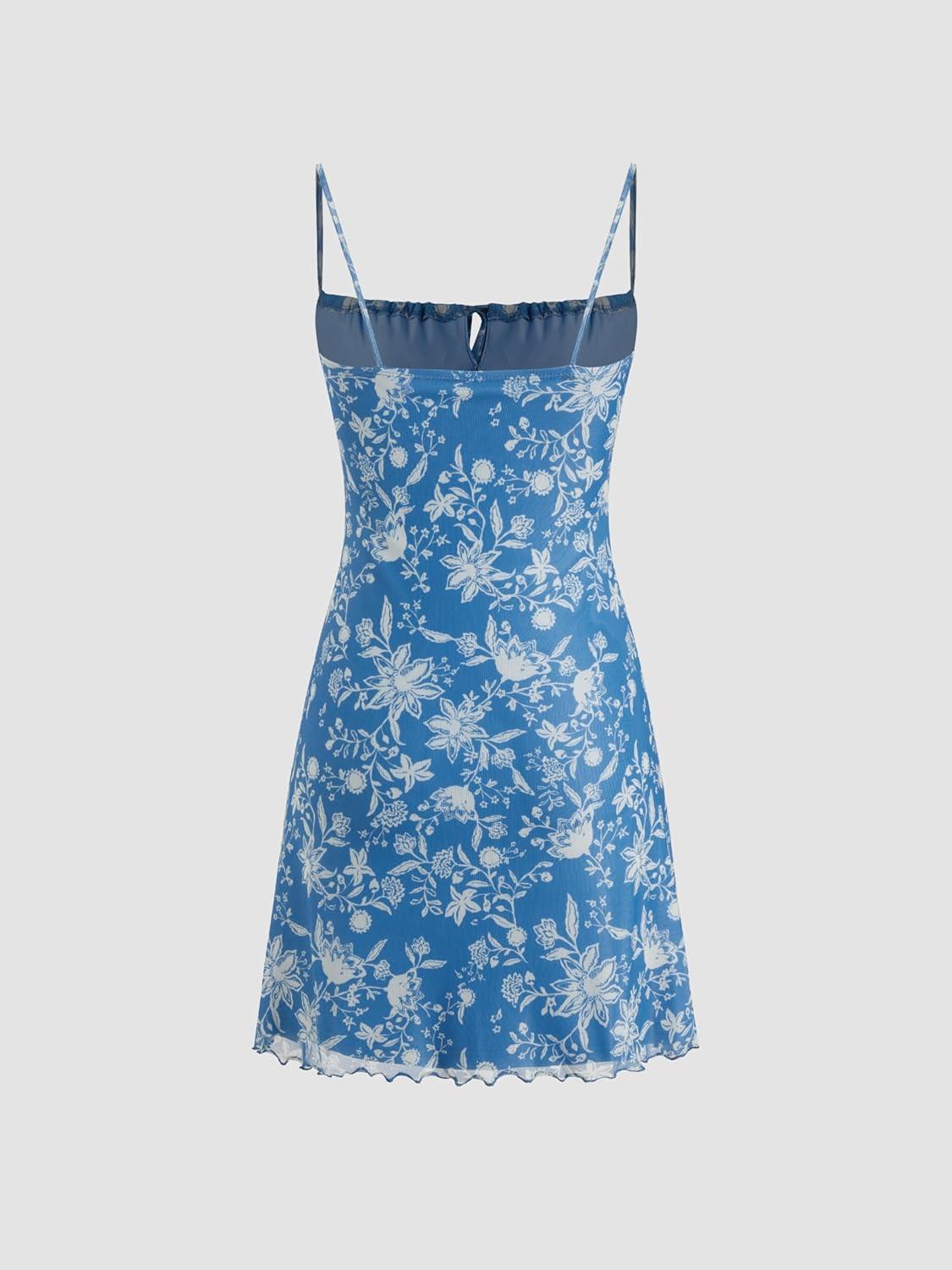 imageCIDER Summer Floral Mini Dress Casual Cute Vacation Beach Sundress Square Neck Short DressBlue