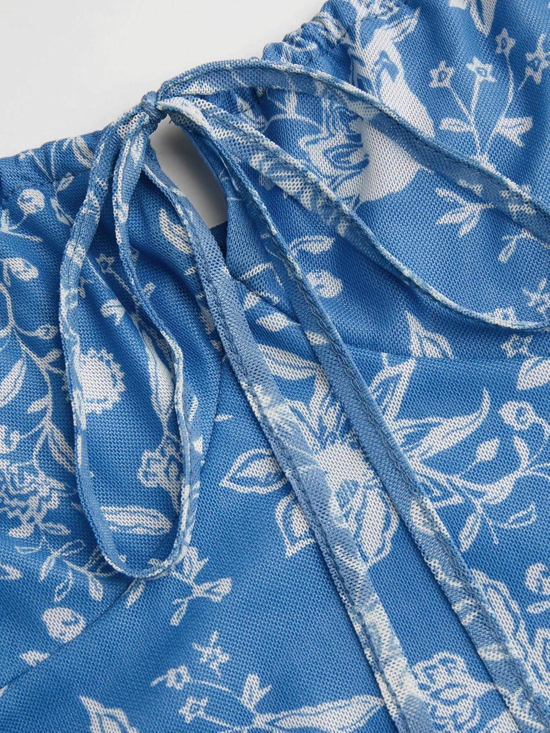 imageCIDER Summer Floral Mini Dress Casual Cute Vacation Beach Sundress Square Neck Short DressBlue