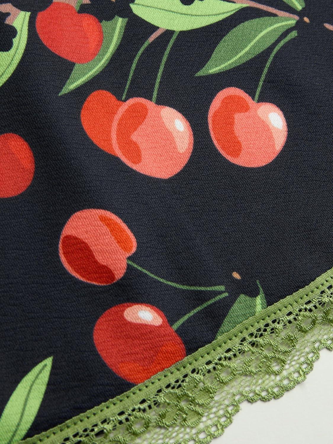 imageCIDER Summer Mini Dresses for Women Fruit Pattern Sweetheart Neck Sleeveless Sundress Knotted Tie A Line Sun DressesBlack