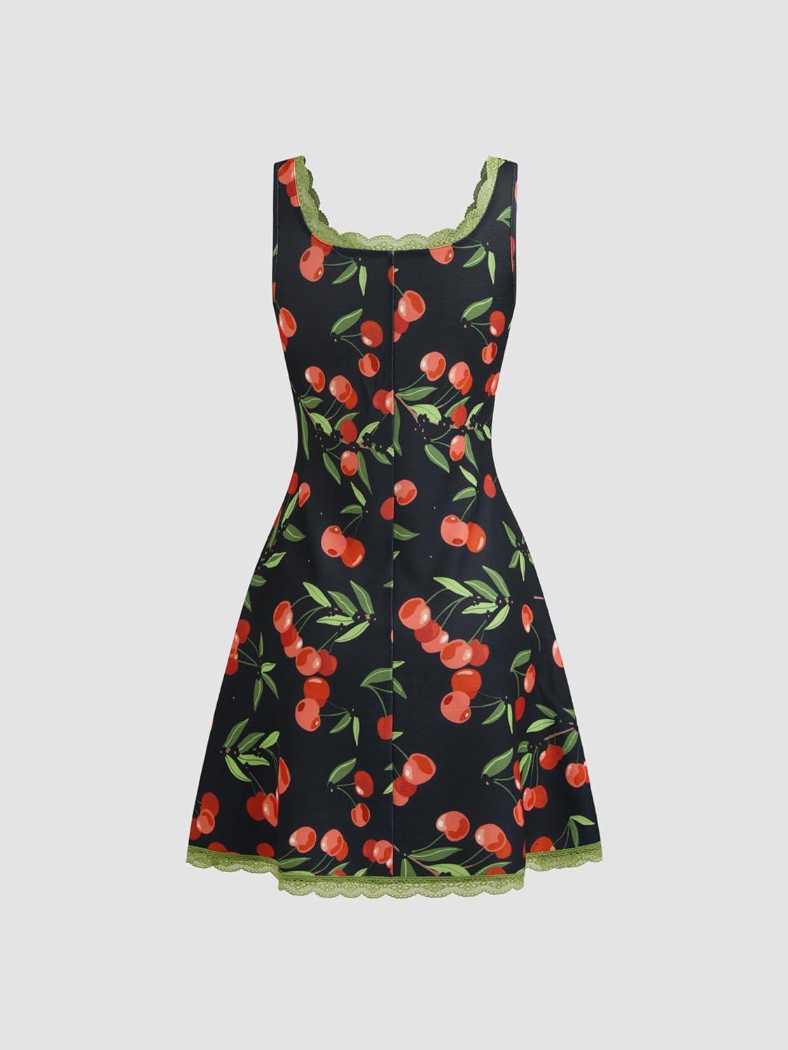 imageCIDER Summer Mini Dresses for Women Fruit Pattern Sweetheart Neck Sleeveless Sundress Knotted Tie A Line Sun DressesBlack