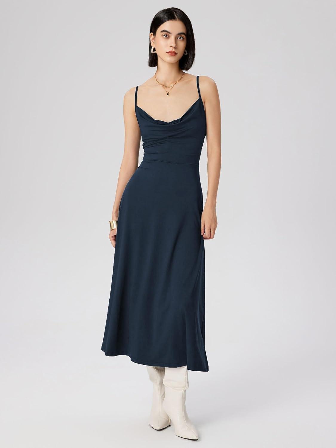 imageCIDER Summer Womens Spaghetti Strap Cowl Neck Cocktail Dress Ruched Sleeveless Formal Midi Dress Party Club DressDark Navy