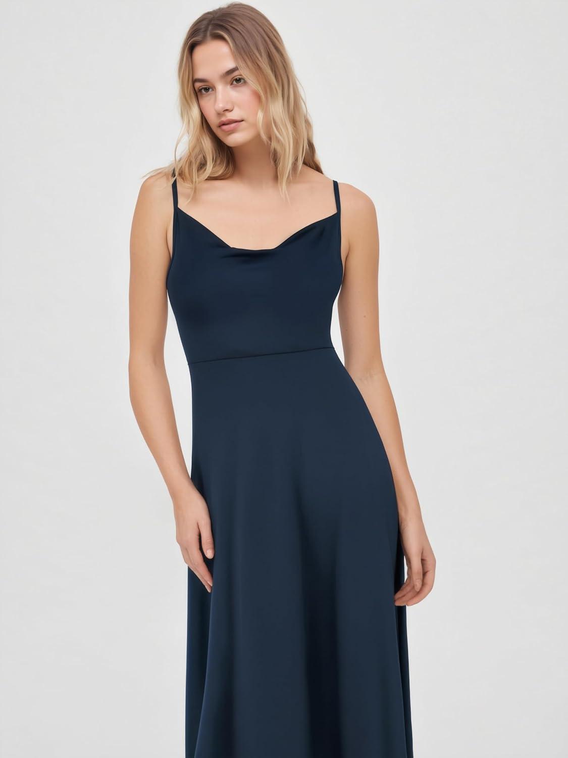 imageCIDER Summer Womens Spaghetti Strap Cowl Neck Cocktail Dress Ruched Sleeveless Formal Midi Dress Party Club DressDark Navy