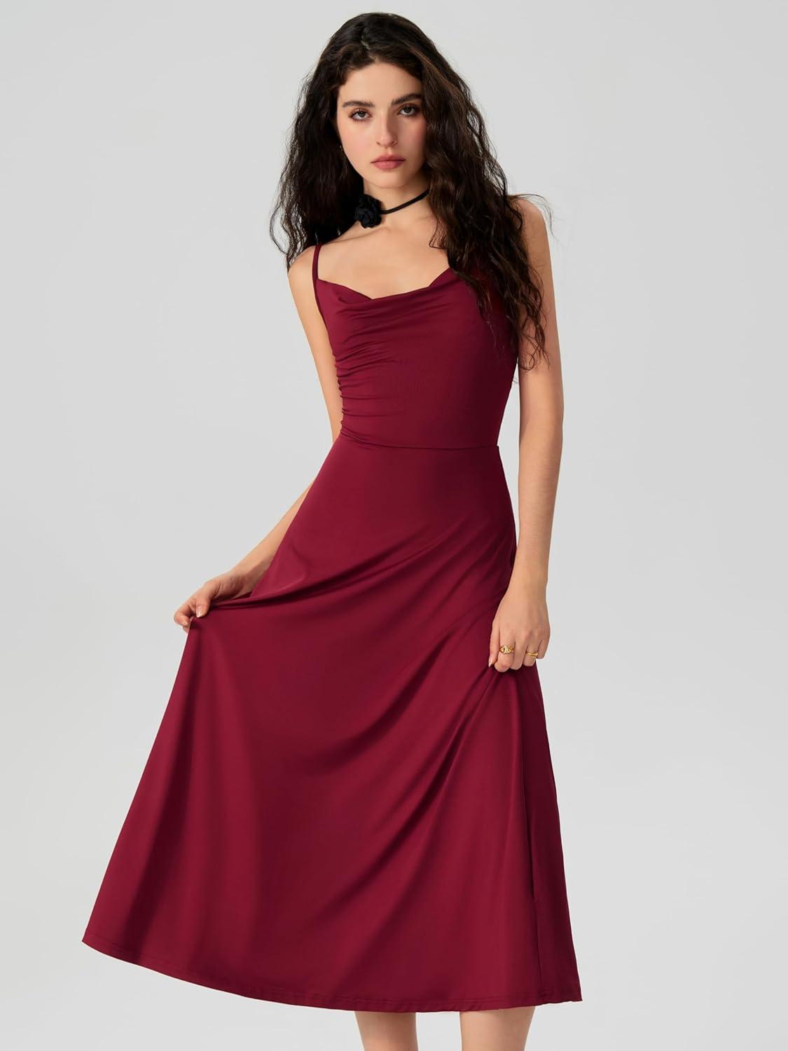 imageCIDER Summer Womens Spaghetti Strap Cowl Neck Cocktail Dress Ruched Sleeveless Formal Midi Dress Party Club DressWine