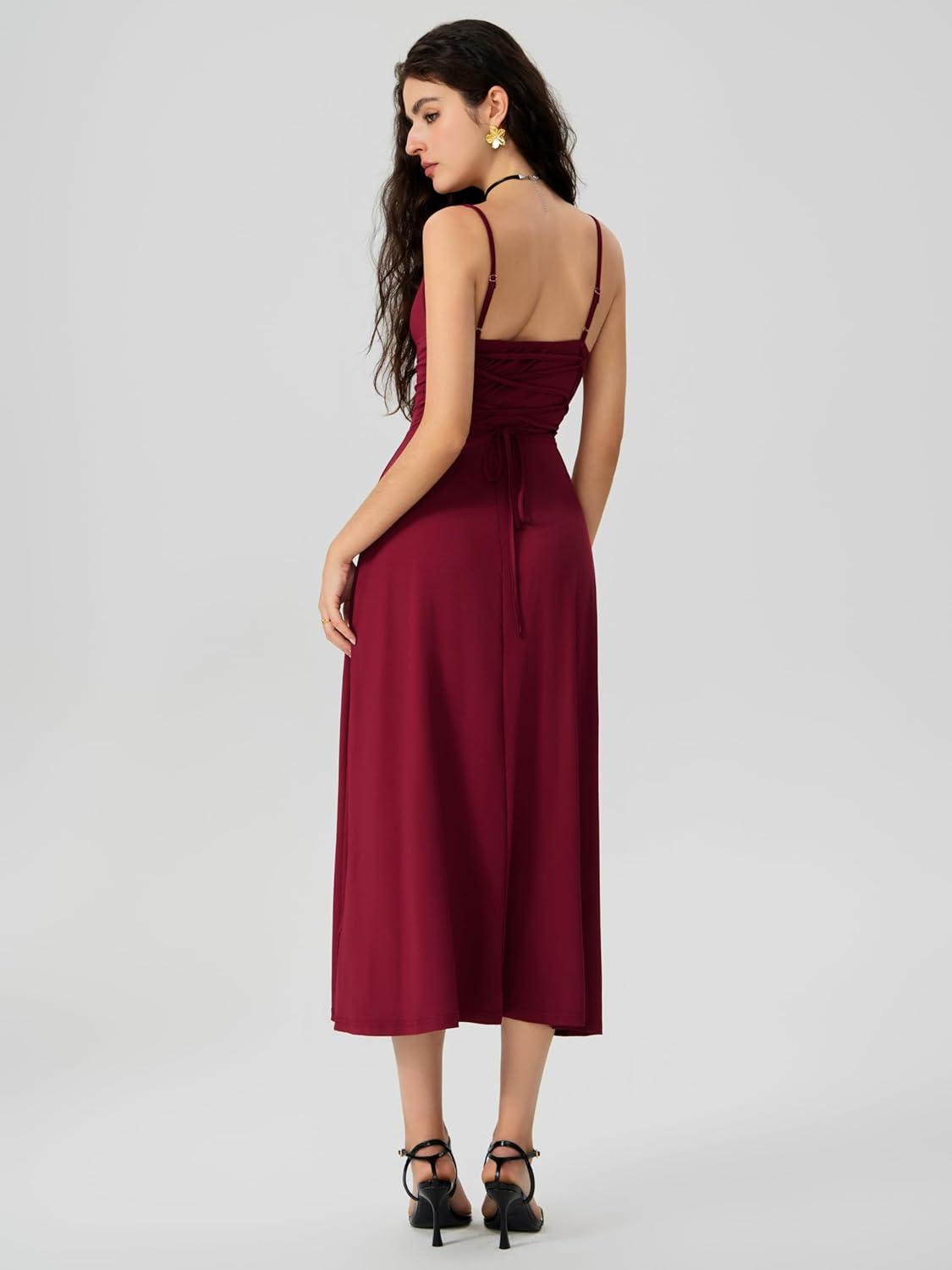 imageCIDER Summer Womens Spaghetti Strap Cowl Neck Cocktail Dress Ruched Sleeveless Formal Midi Dress Party Club DressWine