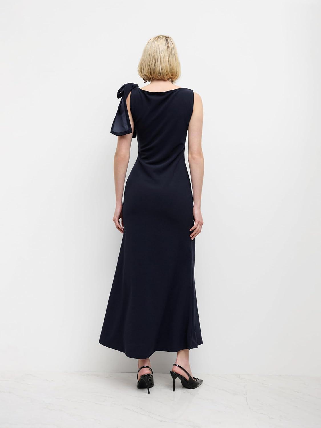 imageCIDER Women Summer Maxi Dresses Sleeveless Wedding Guest Dress Bowknot Boat Neck Formal GownDark Navy