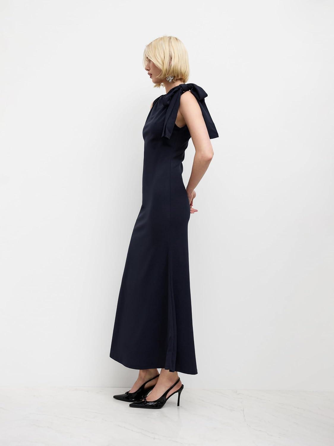 imageCIDER Women Summer Maxi Dresses Sleeveless Wedding Guest Dress Bowknot Boat Neck Formal GownDark Navy