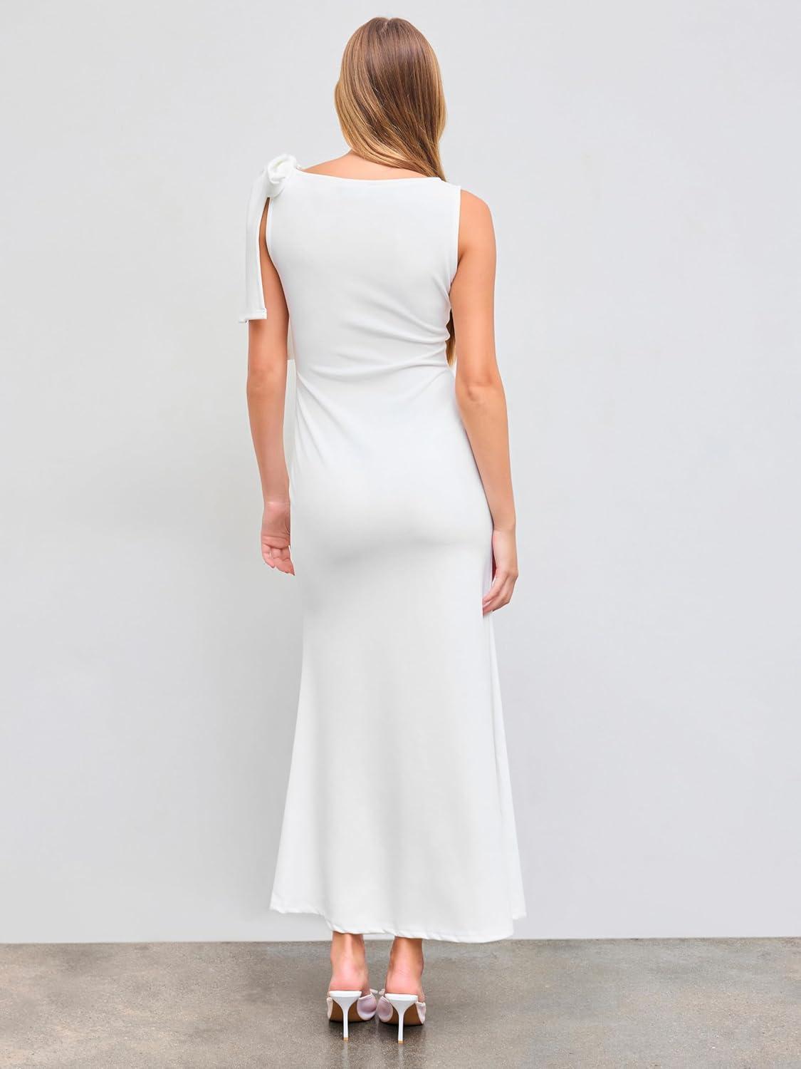 imageCIDER Women Summer Maxi Dresses Sleeveless Wedding Guest Dress Bowknot Boat Neck Formal GownWhite