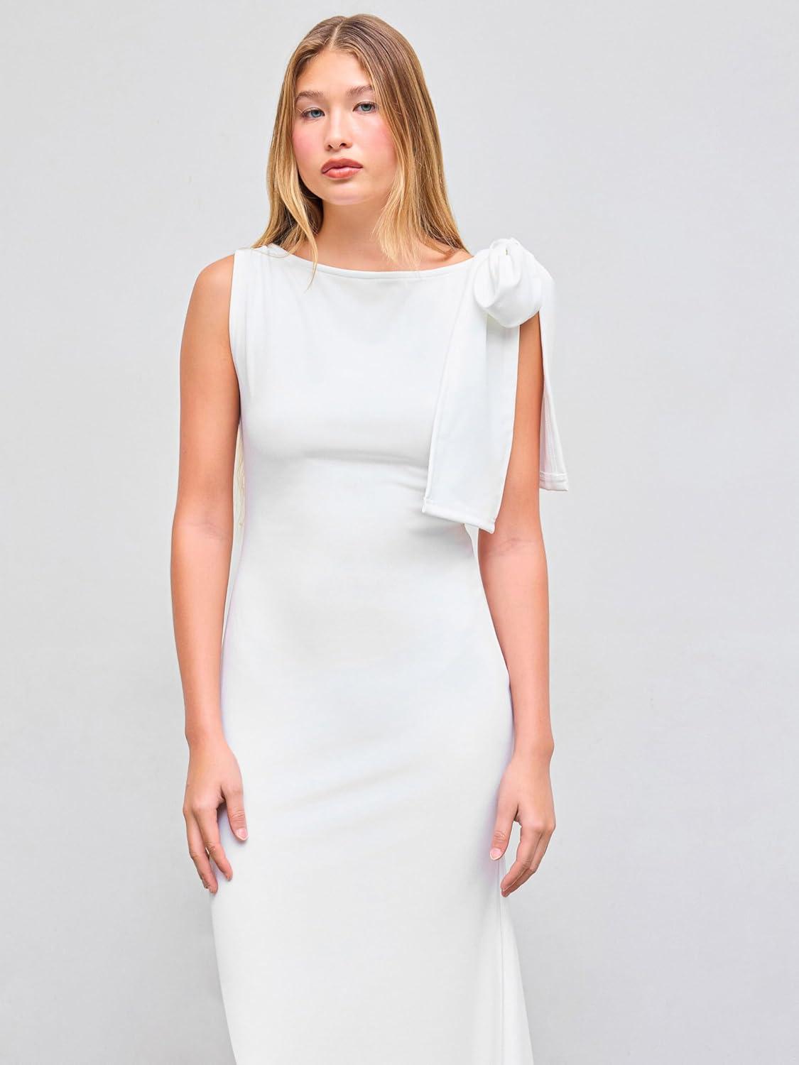 imageCIDER Women Summer Maxi Dresses Sleeveless Wedding Guest Dress Bowknot Boat Neck Formal GownWhite