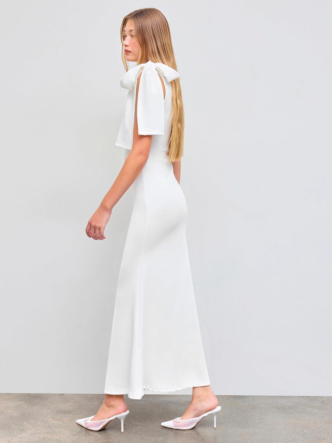 imageCIDER Women Summer Maxi Dresses Sleeveless Wedding Guest Dress Bowknot Boat Neck Formal GownWhite