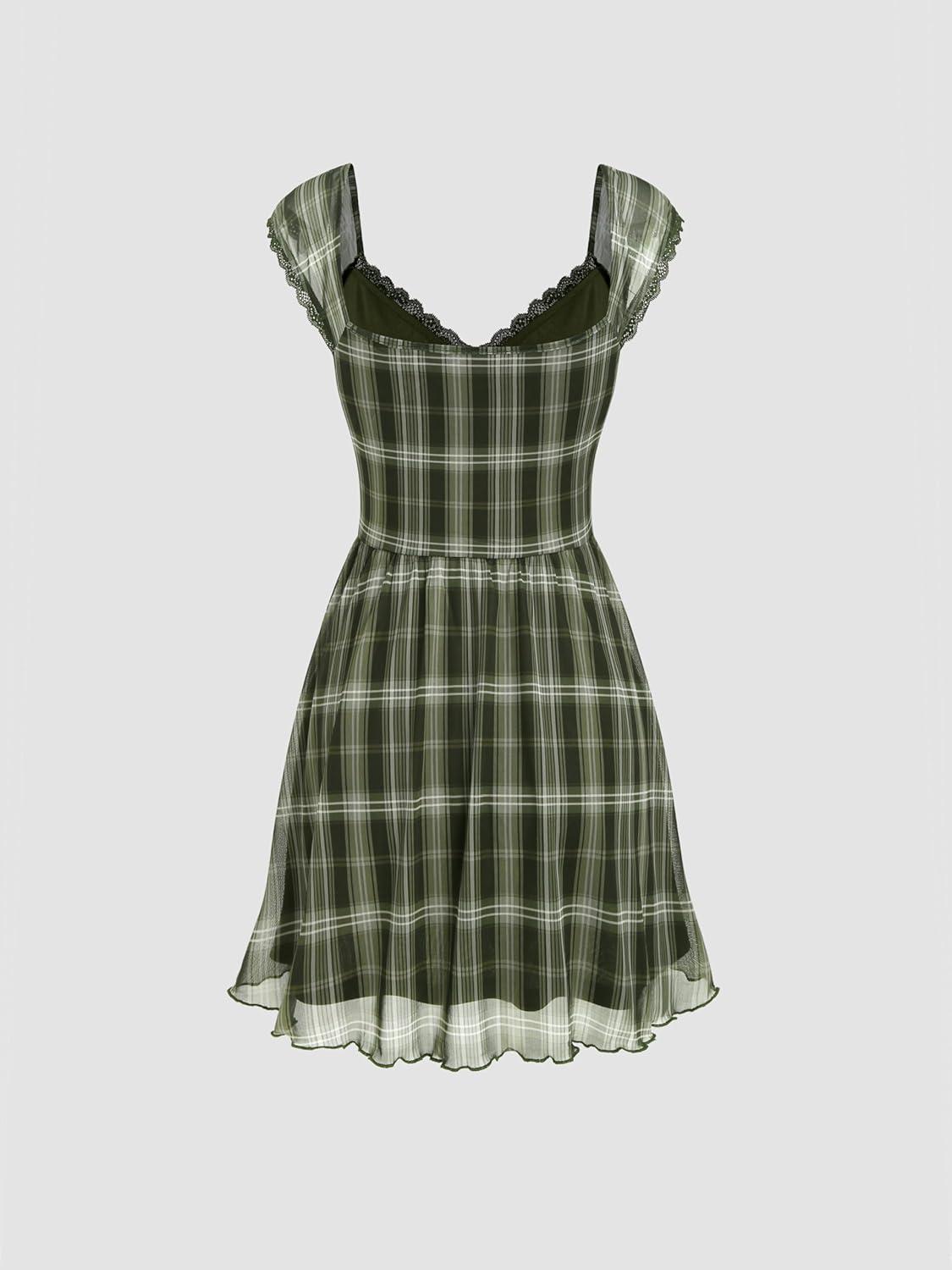 imageCIDER Womens Gingham Mini Dress Summer Sundress Casual V Neck Flowy Cute Teen Short Seelve Ruffle DressGreen