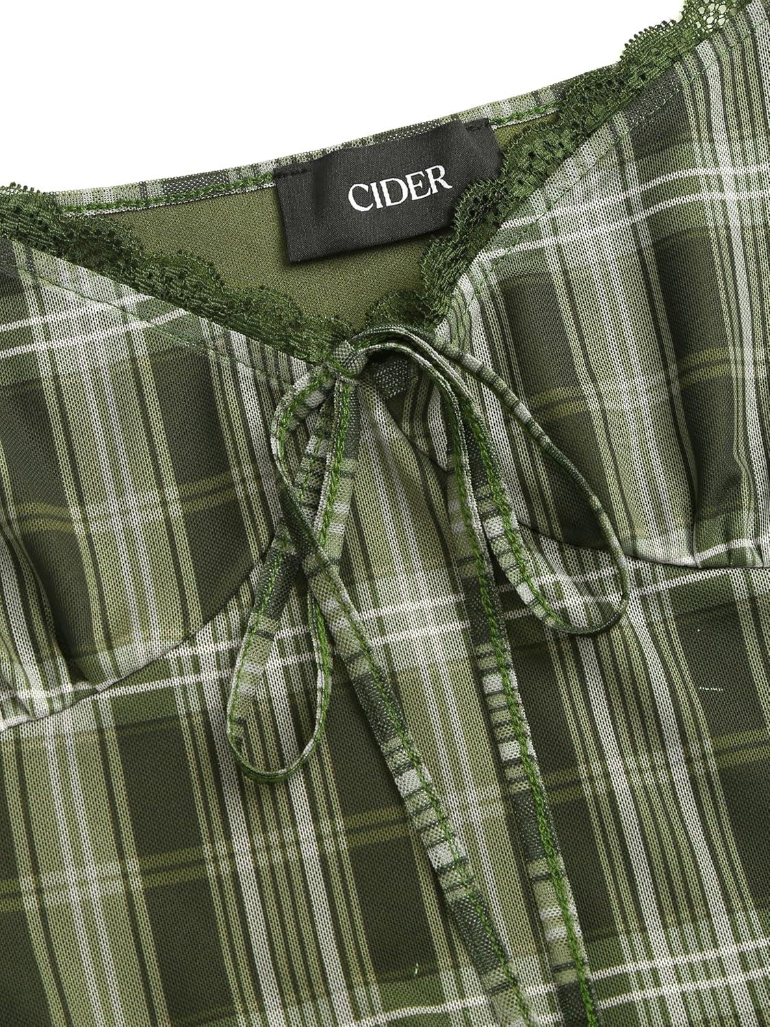 imageCIDER Womens Gingham Mini Dress Summer Sundress Casual V Neck Flowy Cute Teen Short Seelve Ruffle DressGreen