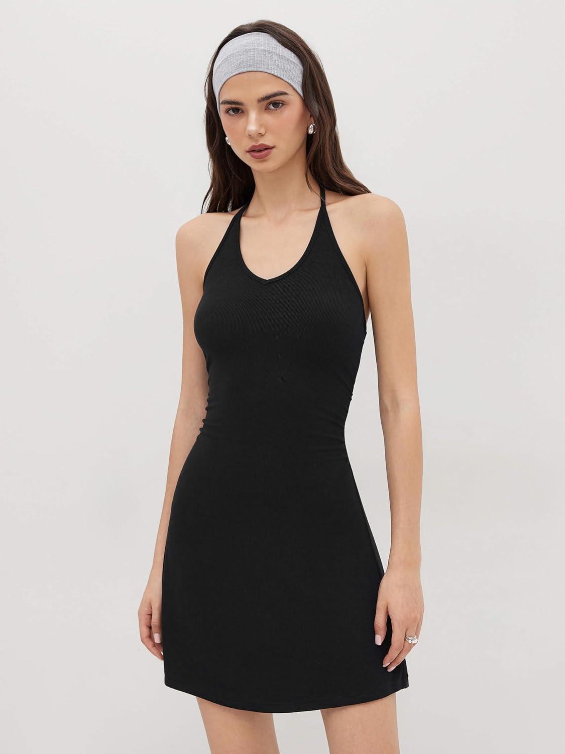 imageCIDER Womens Halter Dress Sleeveless Tie Back Backless Going Out A Line Casual Club MIni DressesBlack
