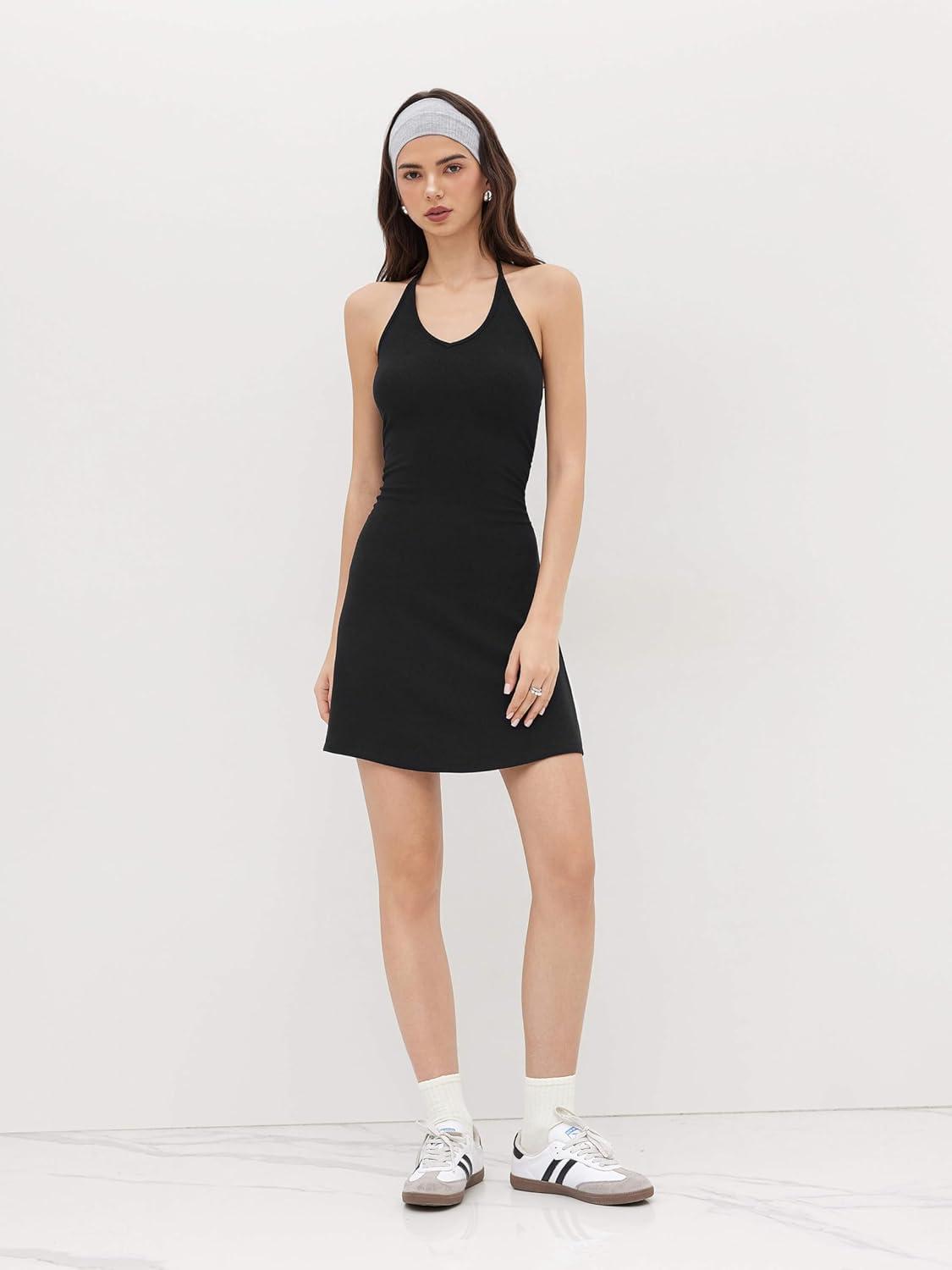 imageCIDER Womens Halter Dress Sleeveless Tie Back Backless Going Out A Line Casual Club MIni DressesBlack