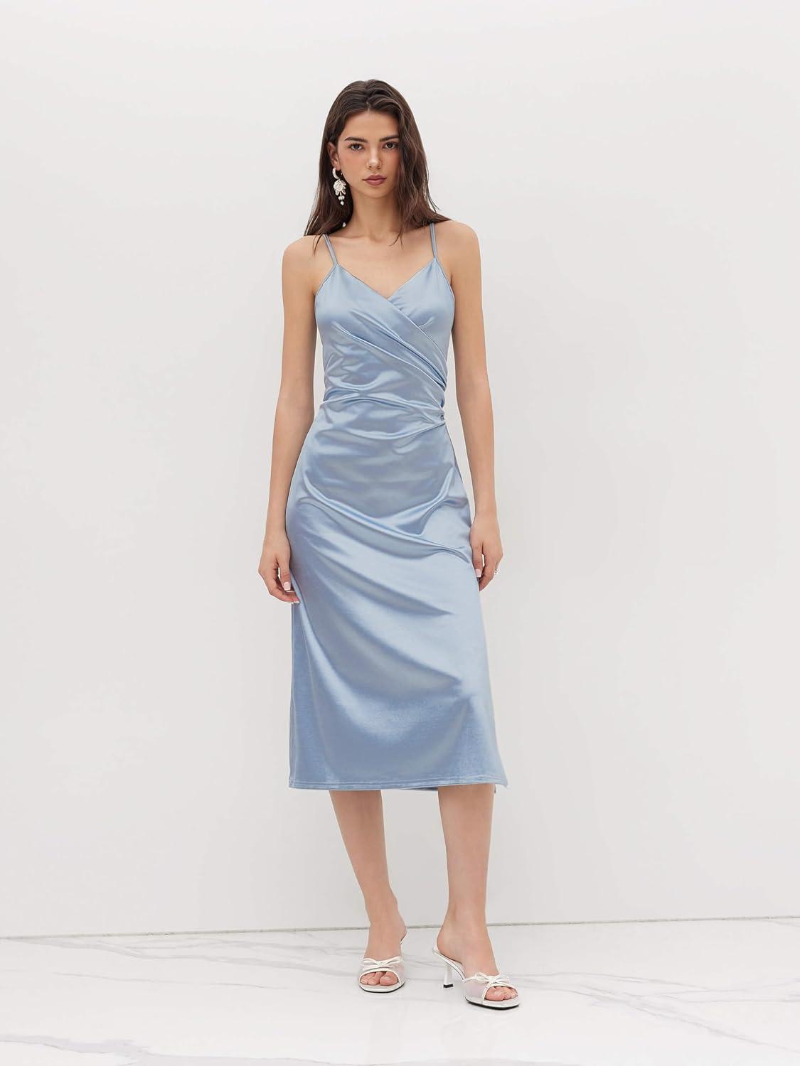imageCIDER Womens Satin Dress Sleeveless Spaghetti Strap V Neck Ruched Side Slit Semi Formal Party Club DressesBaby Blue