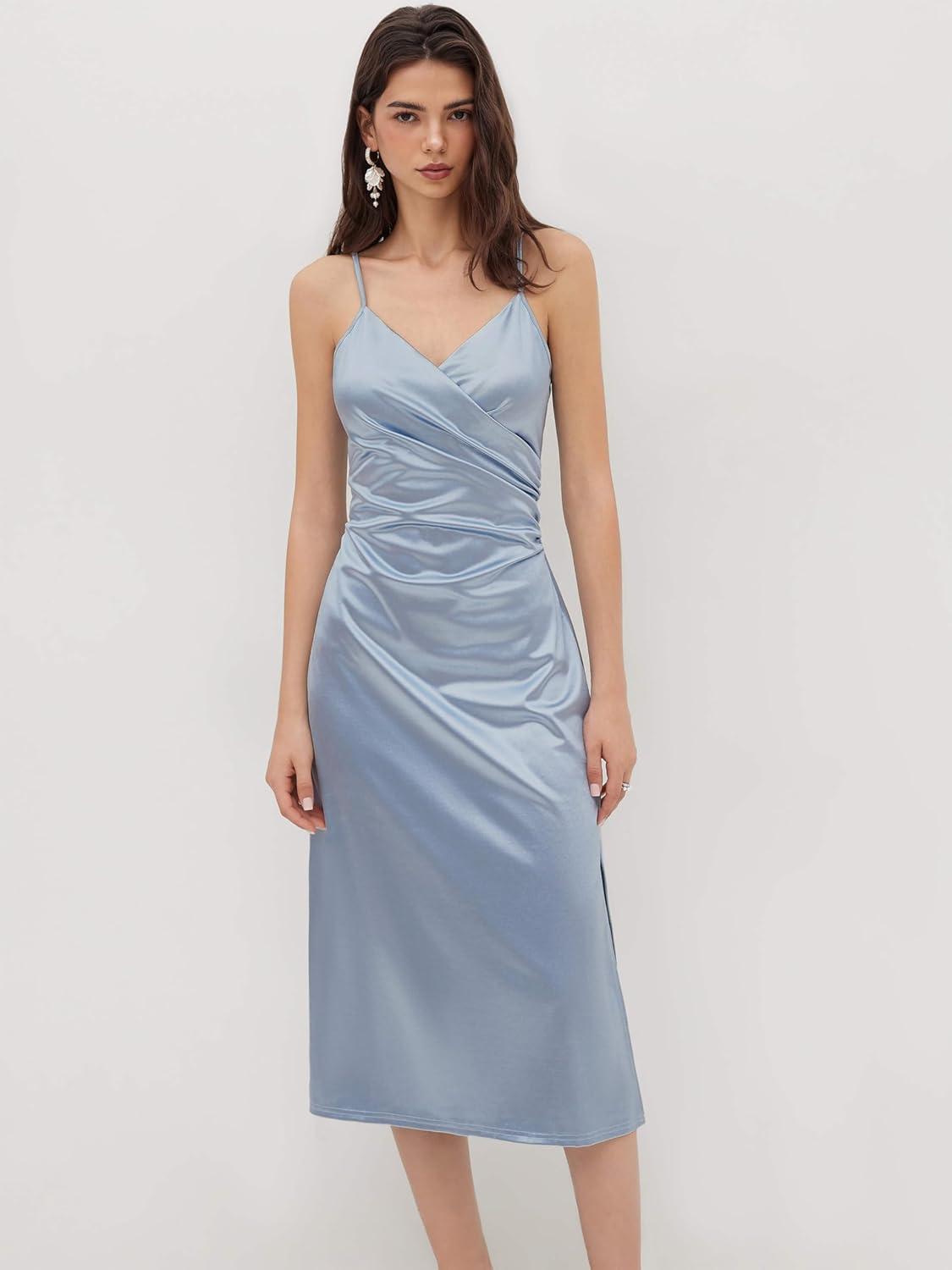 imageCIDER Womens Satin Dress Sleeveless Spaghetti Strap V Neck Ruched Side Slit Semi Formal Party Club DressesBaby Blue