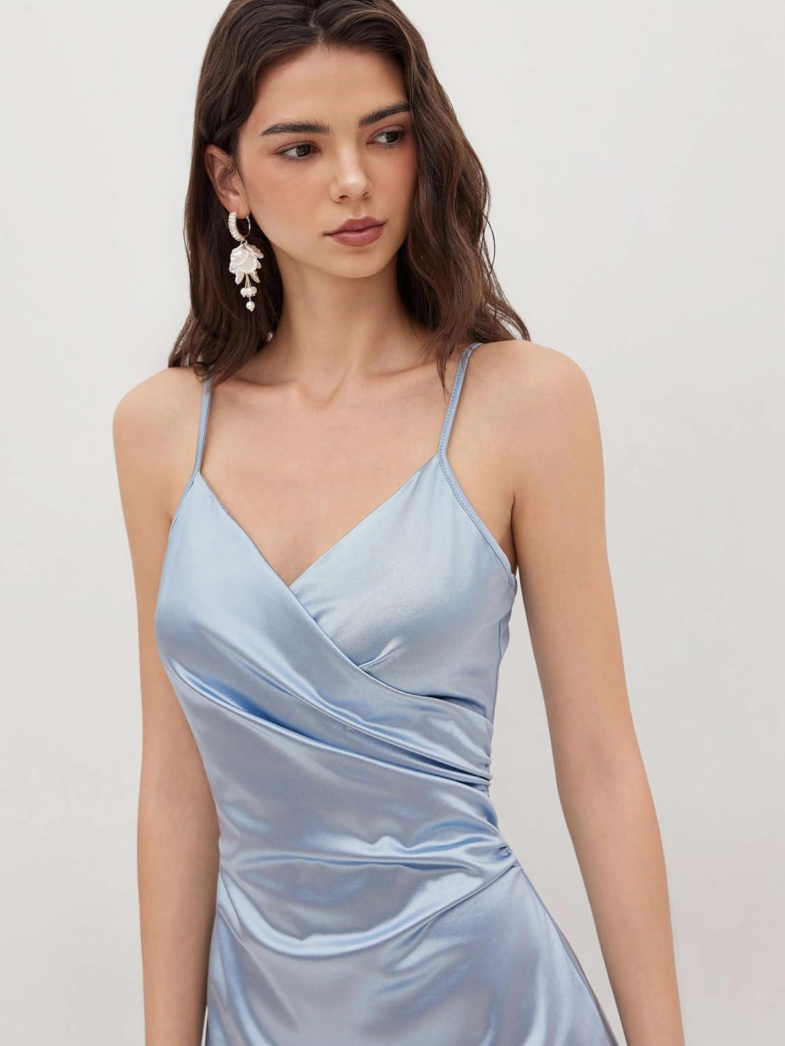imageCIDER Womens Satin Dress Sleeveless Spaghetti Strap V Neck Ruched Side Slit Semi Formal Party Club DressesBaby Blue