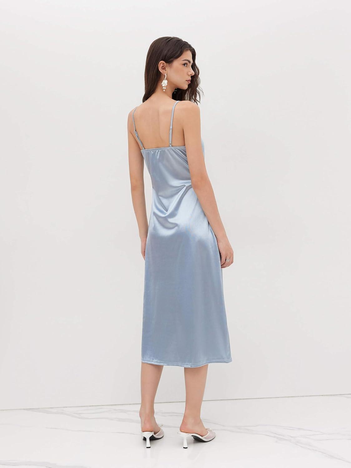 imageCIDER Womens Satin Dress Sleeveless Spaghetti Strap V Neck Ruched Side Slit Semi Formal Party Club DressesBaby Blue