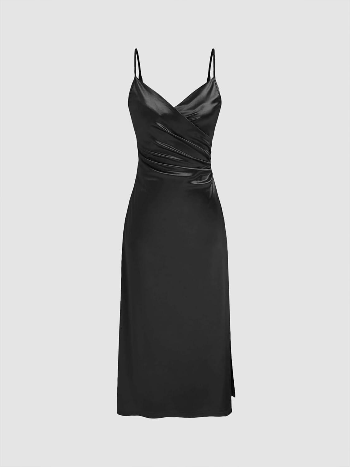 imageCIDER Womens Satin Dress Sleeveless Spaghetti Strap V Neck Ruched Side Slit Semi Formal Party Club DressesBlack