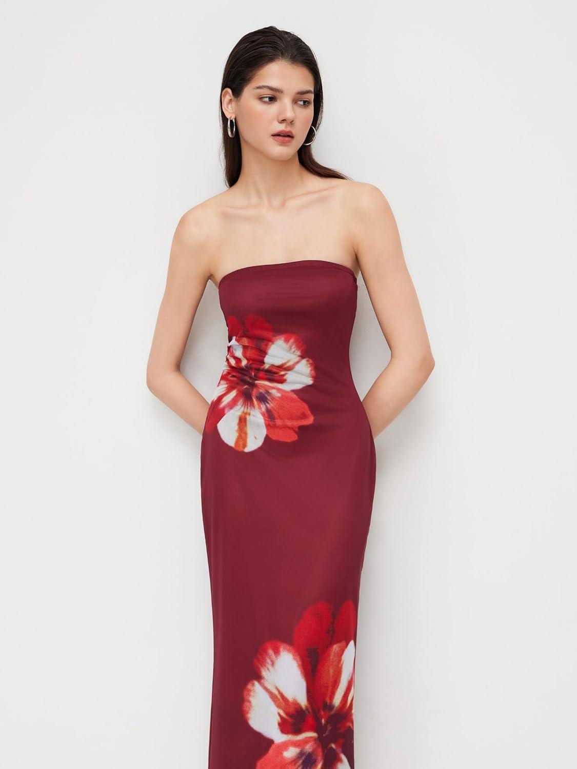 imageCIDER Womens Strapless Floral Maxi Dress Tube Bodycon Dresses Holiday Party Dress Summer Dresses Trendy 2025Wine