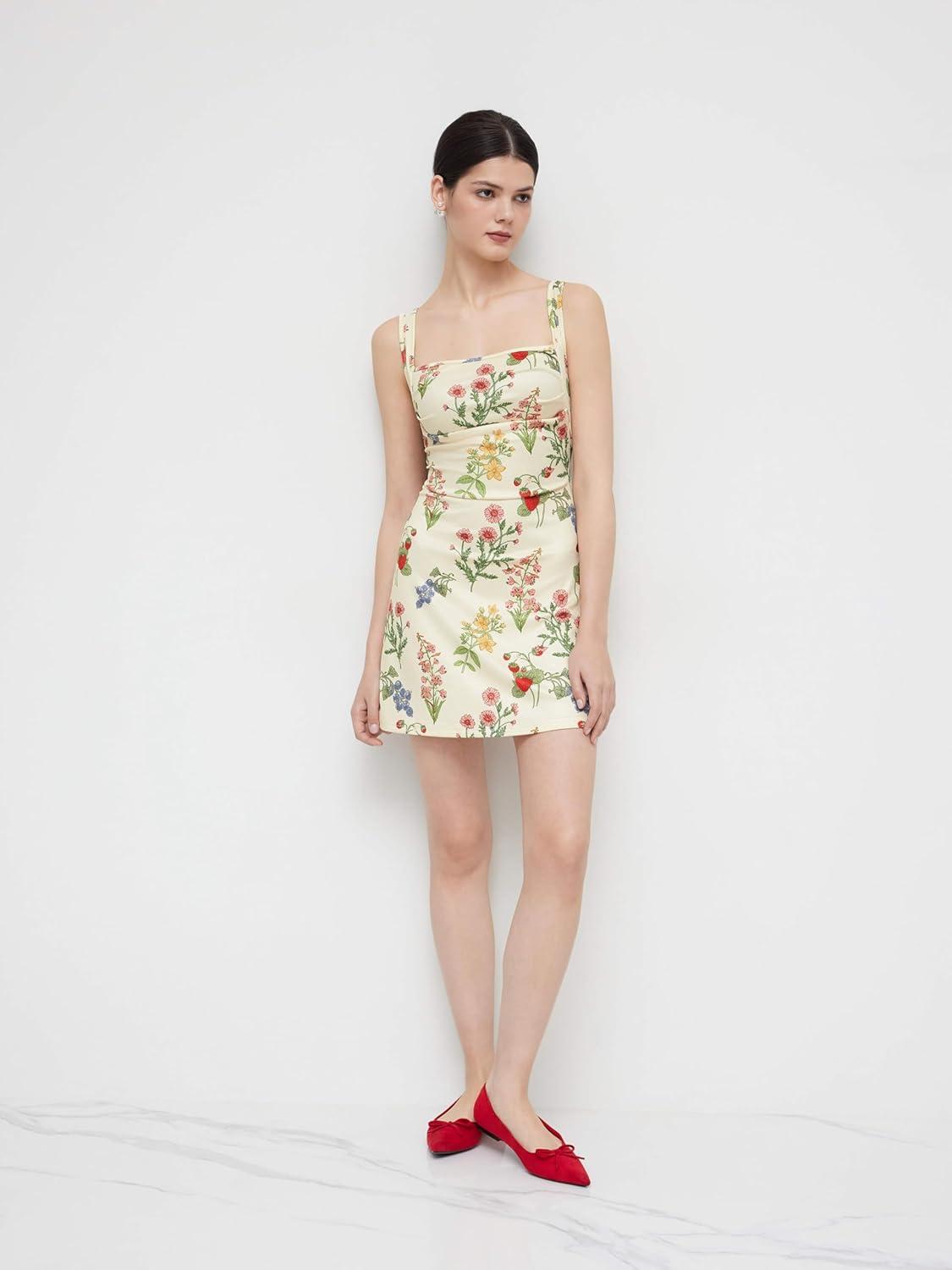 imageCIDER Womens Summer Floral Dress Square Neck Mini Dress Sleeveless Cute Sundress Party Dresses Trendy 2025Beige