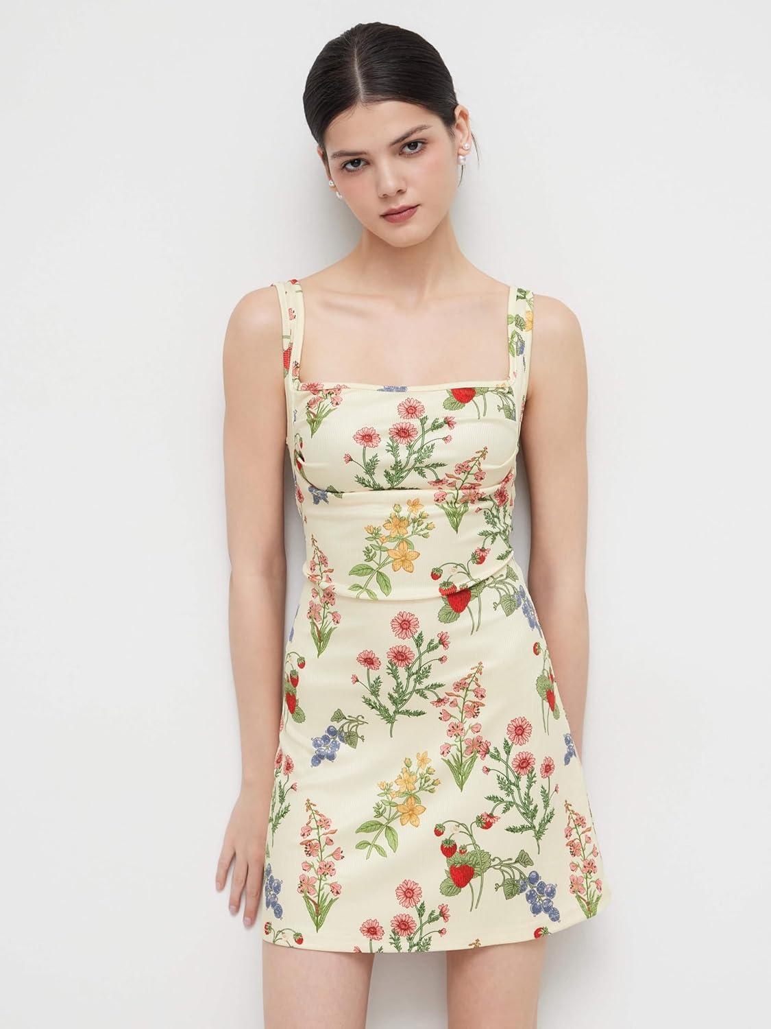 imageCIDER Womens Summer Floral Dress Square Neck Mini Dress Sleeveless Cute Sundress Party Dresses Trendy 2025Beige